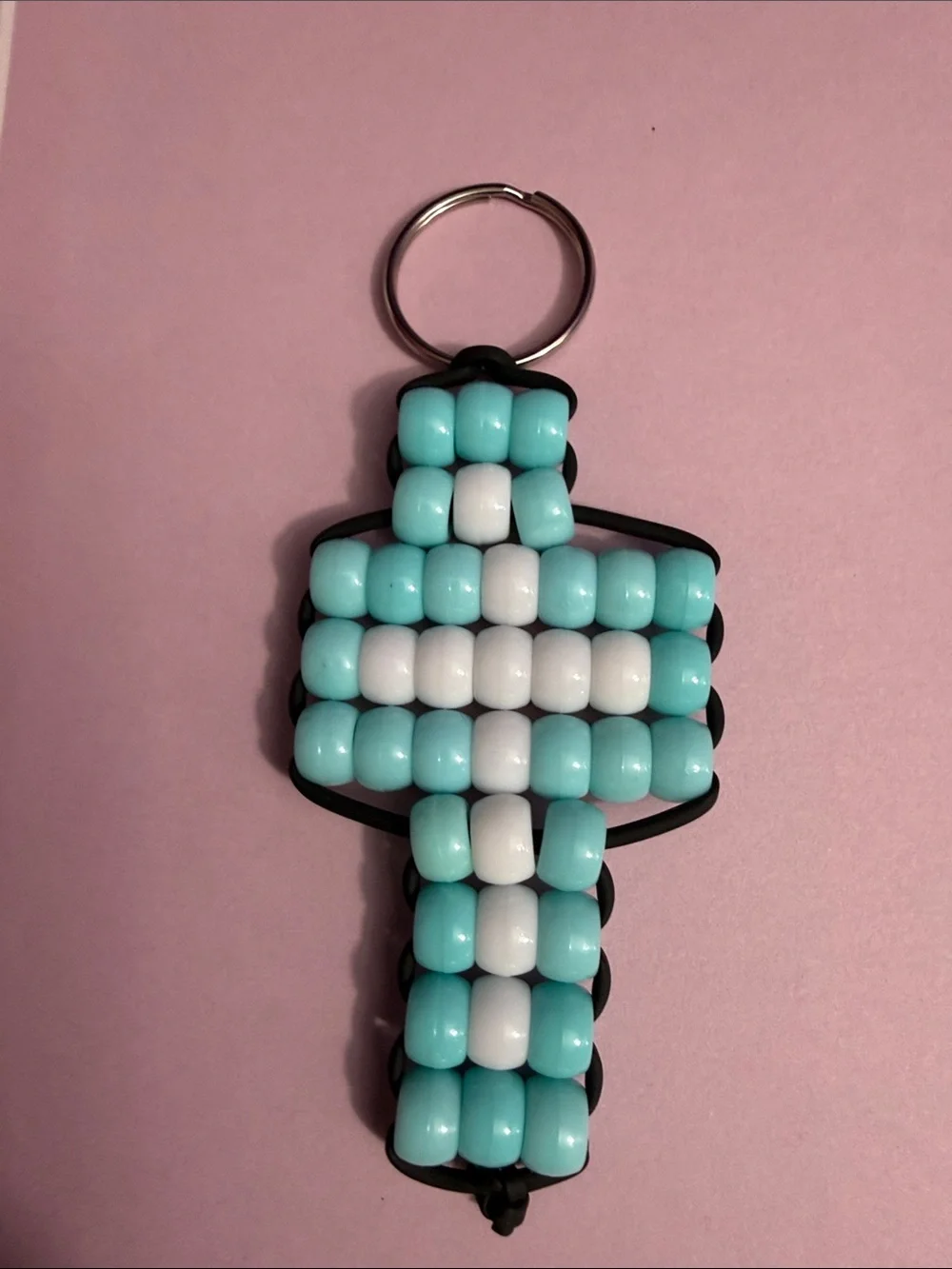 Beaded Cross Keychain in Light Blue & White